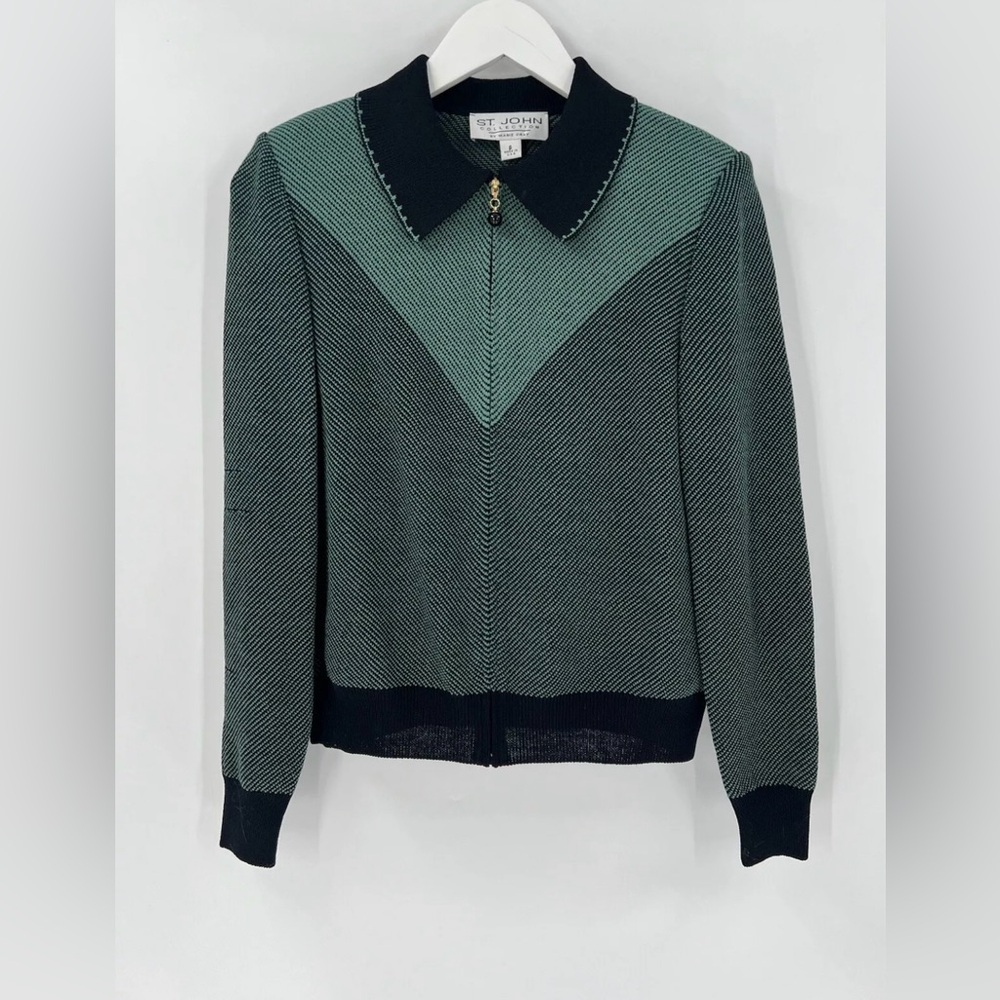 St. John Vintage Jacket Womens 6 Small Green Black Full Zip Knit Shoulder Pads